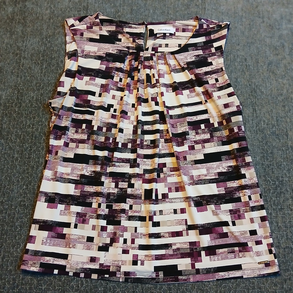 Calvin Klein Women Purple Geometric Abstract Print Sleeveless Pleated Blouse Top